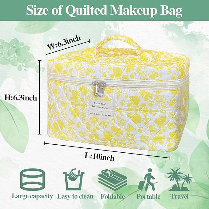Yellow Large Quilted Floral Makeup Bag Cute Soft Coquette Aesthetic Cosmetic Bag Cotton Travel Toiletry Bag for Women