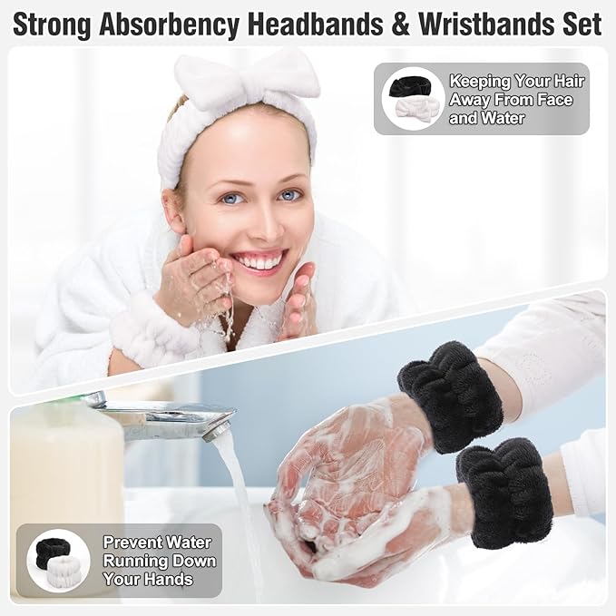 Spa Headbands for Women with Wristband Set: Facial Makeup Headbands for Girls & Teens - Soft Coral Fleece Elastic Hair Wraps with Wrist Accessories for Washing Face Shower Bath Beauty Skincare Gifts
