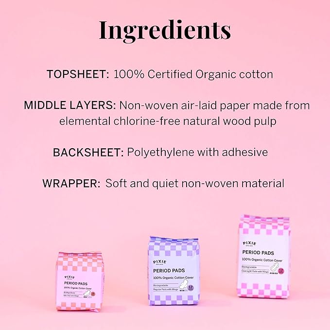 Pixie Organic Cotton Mini Pads with Wings for Women & Teens - Ultra Thin, Light Absorbency Menstrual Pads - Hypoallergenic, Unscented & Biodegradable - 64 Count