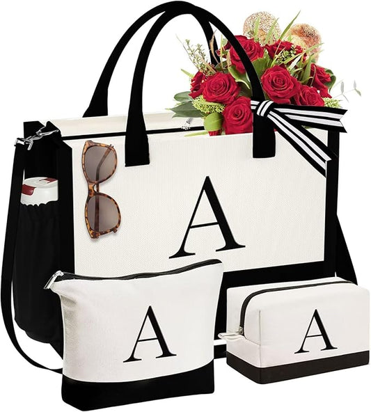 YOOLIFE Initial Canvas Tote Bag & Makeup Bag, Birthday Gifts for Women Mom Sister Friends, Bridesmaid Wedding Gifts