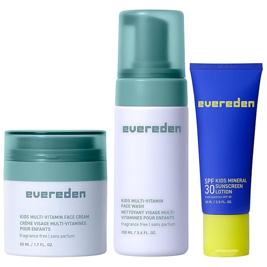 Evereden Daily 1-2-3 Routine: Clean, Vegan Skin Care Set for Kids, Hydrating, Nourishing Skincare Set with Multi-Vitamin Fragrance-Free Face Wash & Fragrance-Free Face Cream & SPF 30 Mineral Sunscreen