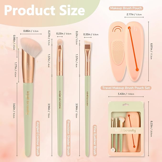 Travel Makeup Brush Set 4 Pcs, Silicon Portable Cosmetic Brush with Pouch, Beginner Friendly, for Foundation Blending Concealers Face Eyeliner Blush Makeup Brushes Kit