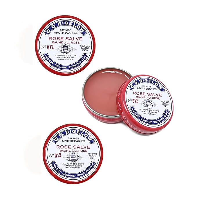 C.O. Bigelow Rose Salve Tins, Pack of 3 Lip Balm Tins, All Purpose Salve for Lips, Cuticles, Hands & Dry Skin, Lip Balm Set, 0.8 oz