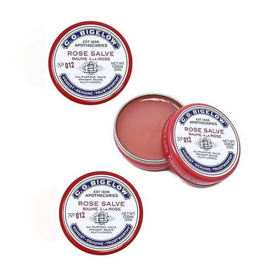 C.O. Bigelow Rose Salve Tins, Pack of 3 Lip Balm Tins, All Purpose Salve for Lips, Cuticles, Hands & Dry Skin, Lip Balm Set, 0.8 oz