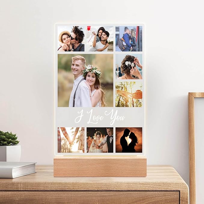 Custom Picture Frame with Photo, Personalized Photo Frame with Night Light, Customizable Photo Frames, Personalized Christmas Anniversary Birthday Gifts for Women Men Girlfriend Boyfriend Couple