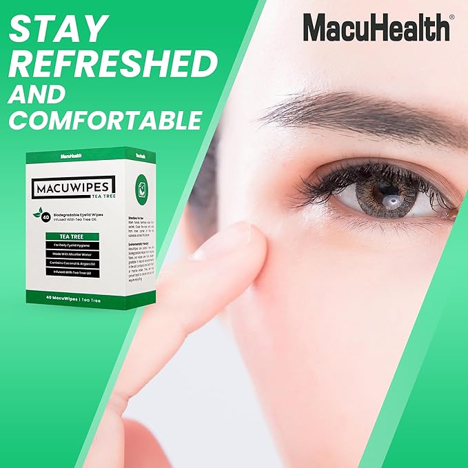 MacuHealth MacuWipes Tea Tree - Pre-Moistened Eyelid Wipes for Dry Eyes, Blepharitis & Sore Eyes, Eye Makeup Remover, Rinse-Free Formula with Tea Tree & Coconut Oil, Individually Wrapped - 40 Count