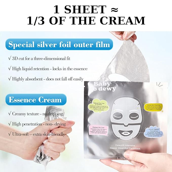 Bio-Collagen‑Peptide Face Mask Sheets – Gleam Foil Intensive Overnight Hydrate Face & Neck Masks for Moisturizing, Firming & Lifting Care – 8 Count(4 Face Masks + 4 Neck Masks)