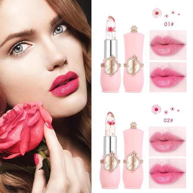 2 Pack Crystal Jelly Flower Lipstick,Magic Temperature Color Change Lip Gloss Lip Stick PH Clear Magic Lipstick Long Lasting Nutritious Moisturizing Lip Balm（Set C）