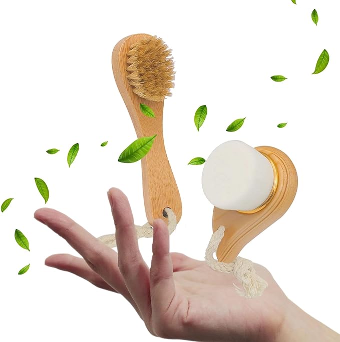 Premium Face Scrubber Set, Facial Cleansing Brush for Exfoliator, Natural Bristle Face Scrubber for Lymphatic Drainage, Unclog Pores, Sensitive Skin, Reduce Ance, Glowing, 2 Pack