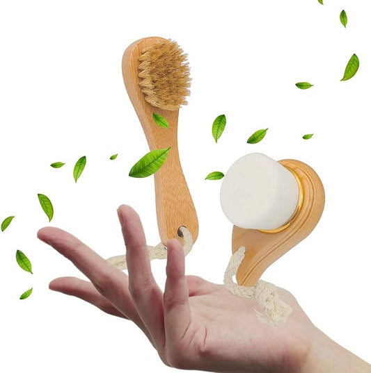 Premium Face Scrubber Set, Facial Cleansing Brush for Exfoliator, Natural Bristle Face Scrubber for Lymphatic Drainage, Unclog Pores, Sensitive Skin, Reduce Ance, Glowing, 2 Pack