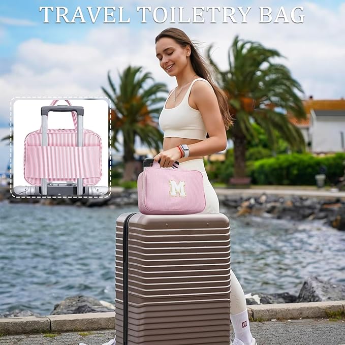 YOOLIFE Travel Toiletry Bag for Women - Hanging Toiletry Bag Makeup Bag, Portable Toiletries Cosmetic Bag, Airplane Travel Essentials - Letter V, Blue