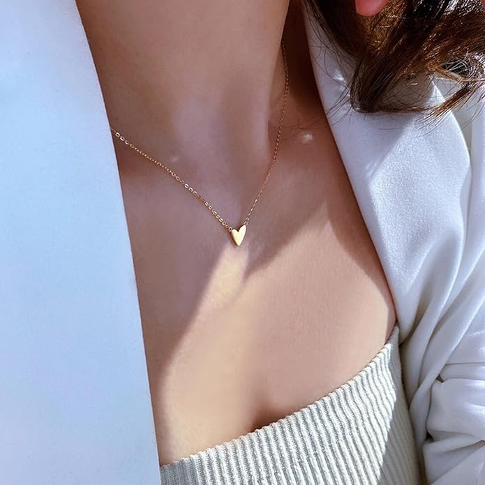 Dainty Gold Heart Necklace for Women - 14K Gold/Silver Plated Cute Heart Handmade Disc Circle Bee Choker Adjustable Necklace for Women Trendy Jewelry