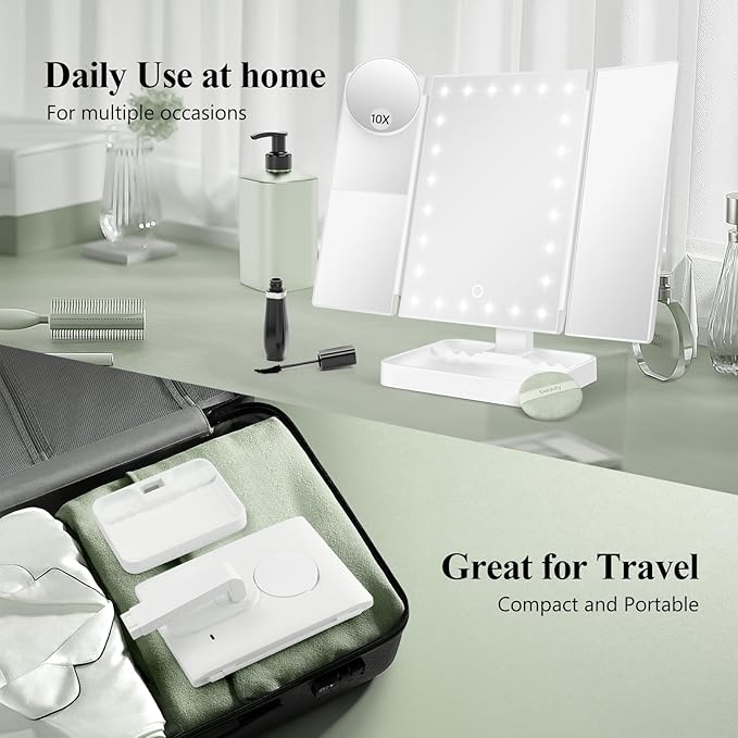 HUONUL Rechargeable Makeup Mirror with 3 Color Lights, 2000mAh Lighted Makeup Mirror, Magnetic 10X Magnifying Mirror, 360 Degree Rotation, Portable Vanity Mirror, Women Gift (Magnetic 10X-White)