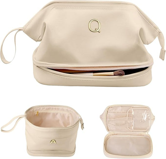 Bridesmaid Gift, Initial Makeup Bags, Personalized Double Layer Cosmetic Bag with Makeup Brush Organizer, Waterproof, Large Capacity PU Leather Travel Toiletry Bag