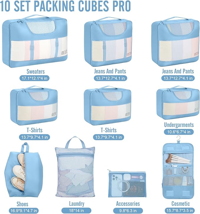 Veken 10 Set Packing Cubes for Travel Essential, Suitcase Organizer Bags in 4 Sizes, Carry-On Luggage Accessories with Large Laundry & Hanging Toiletry Bag, Must-Have for Airplane, Road Trip & Camping
