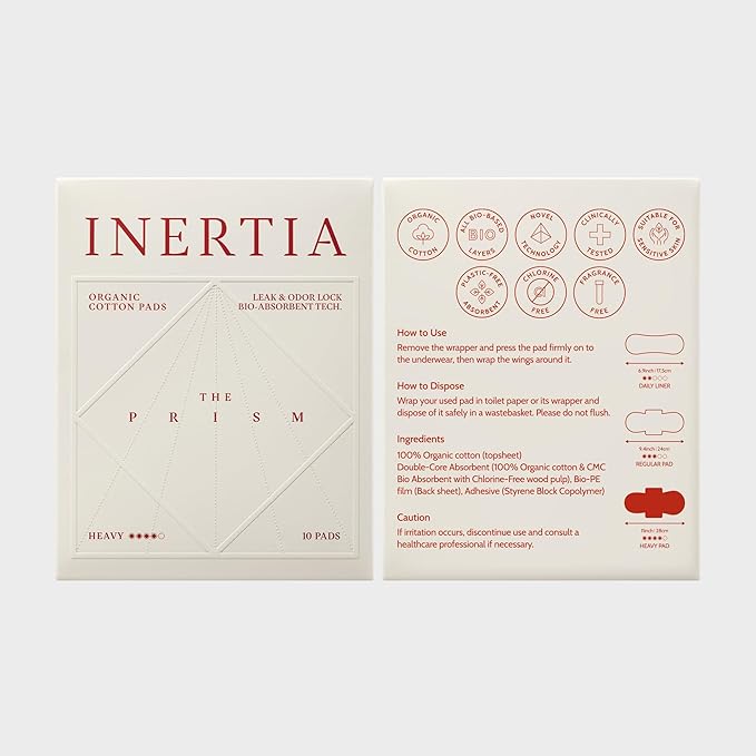 Truly Organic INERTIA Pads - The Prism with Wings for Women Heavy Absorbency (10 Count) - The Best Absorbency, NO Petroleum-Based microplastic, Chlorine, or Fragrance. (Pack of 1)