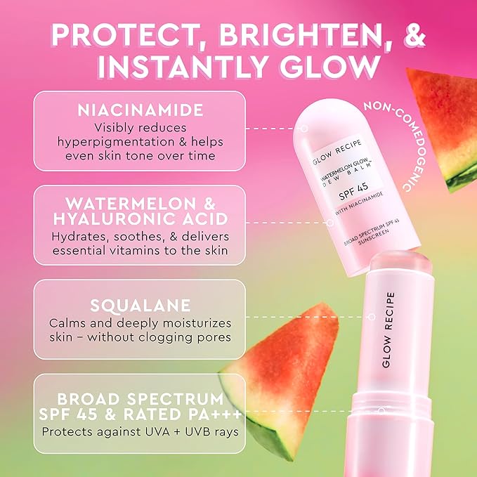 Glow Recipe Beach Bag Essentials Beauty Kit - SPF Dew Balm Sunscreen Stick (0.58 oz) + Ultra Fine Watermelon Setting Mist Facial Spray (2.5 oz) - Protect from UVA Rays & Prep Makeup Routine