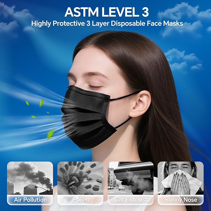GTT ASTM Level 3 Highly Protective Disposable 3 Ply Face Masks with Individual Packaging, Breathable & Comfortable Mask