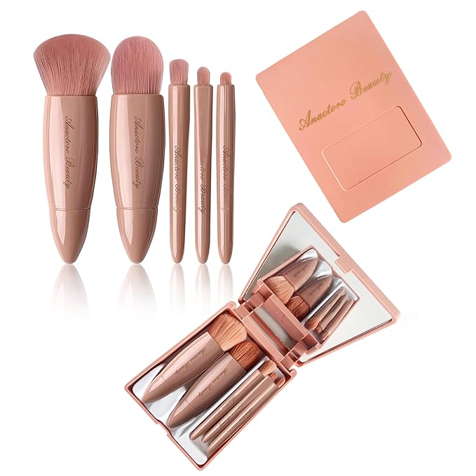Travel Makeup Brushes Set, Easy Taken 5pcs Mini Makeup Brushes Kit with mirror, ON-THE-GO, Makeup Set for Beauty Blender, Get Glam On-the-Go! brown