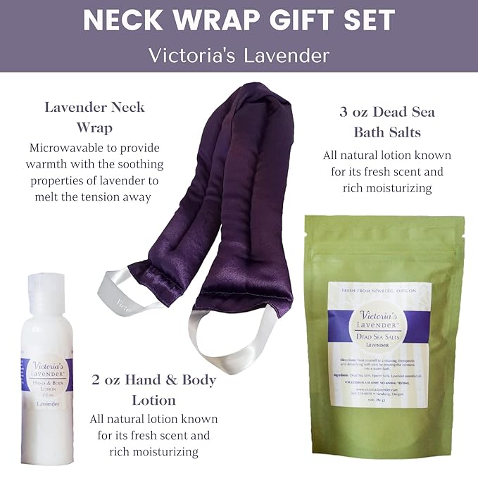 Victoria's Lavender Neck Wrap Gift Set with Bath Salts, Hand & Body Lotion - Skin Care Set & Spa Kits, Bath and Body Products for Women, Beauty Products For Women Made in the USA - Lavender (Set of 3)