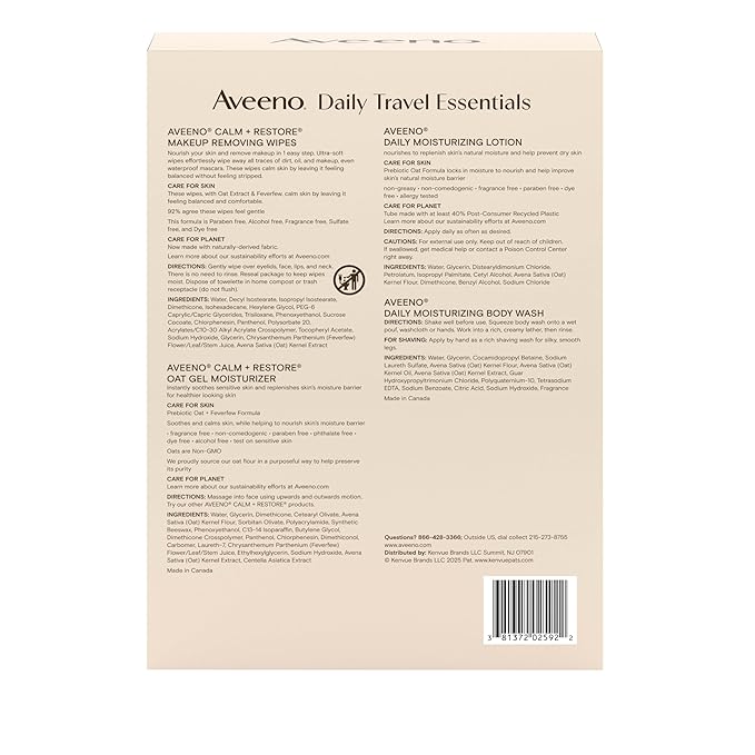 Aveeno Daily Travel Essentials Gift Set with Daily Moisturizing Lotion, Daily Moisturizing Body Wash, Calm + Restore Makeup Removing Wipes, & Calm + Restore Oat Gel Moisturizer, 4 items