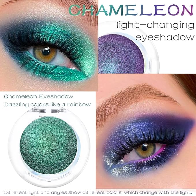 evpct 2Pcs Shimmer Teal Dark Sapphire Blue Bright Purple Multichrome Chrome Single Eye Shadow Palette Makeup for Older Women, Glitter Metallic Duochrome Chameleon Gothic Iridescent Eyeshadow Palette