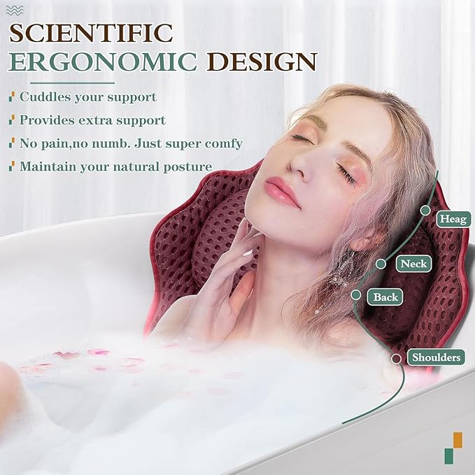 Bath Pillow RUVINCE Ergonomic Luxury Bathtub Pillow with Head,Neck, Shoulder and Back Support, 4D Bath Pillows for tub with 6 Powerful Suction Cups, Fits All Bathtub, Spa Tub, Hot Jacuzzi (Dark red)