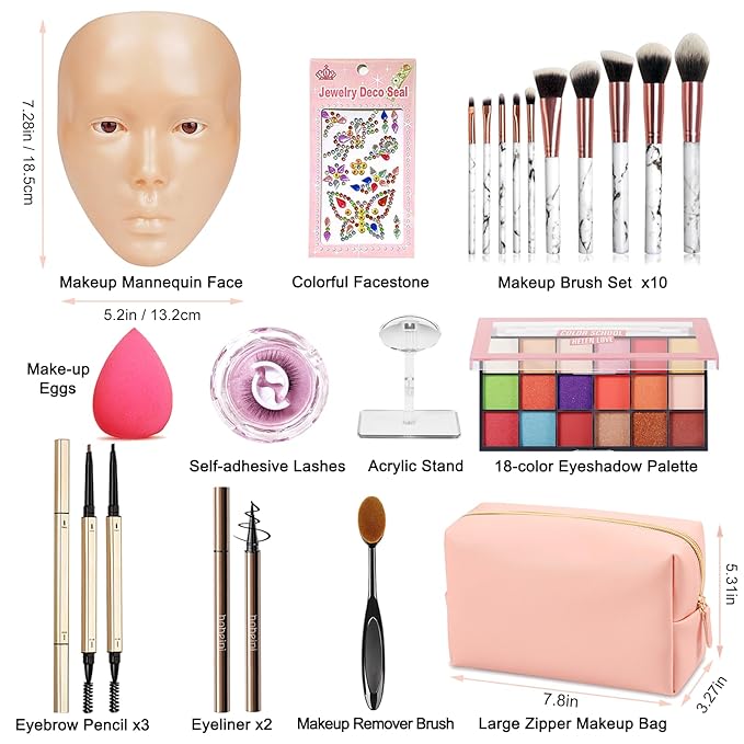 Silicone Makeup Practice Board - Full Face Mannequin with Makeup Kit, Face Gems, Brushes - Perfect for Beginners & Professionals