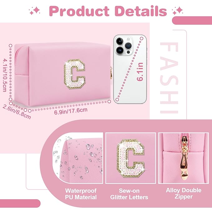 Small Personalized Initial A-Z Patch Makeup Bag,Pink Cute PU Leather Glitter Letter Cosmetic Bag for Teen Girls,Travel Toiletry Bag with Zipper,Preppy Monogrammed Birthday Gift for Daughter Niece C
