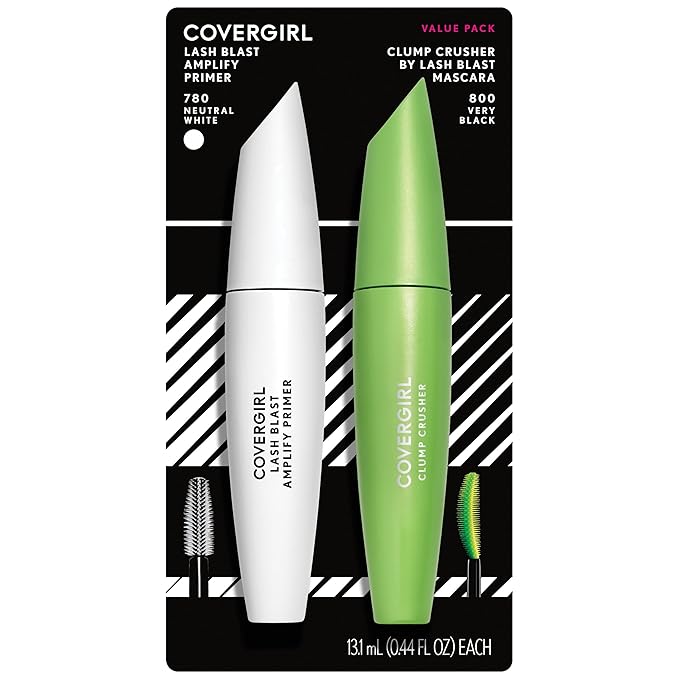 COVERGIRL Clump Crusher Mascara + Mascara Primer Bundle, 20X More Volume, Double Sided Brush, Long-Lasting Wear - 800 Very Black + 780 Neutral White Primer (Twin Pack)