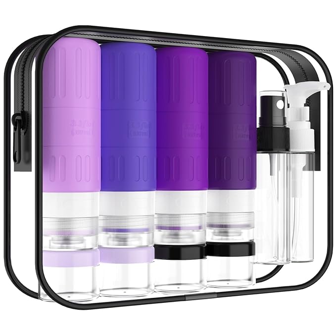 GLAMFIELDS Travel Bottles for Toiletries,TSA Approved 3.3oz Size LeakProof Silicone Toiletry Containers for Shampoo, Conditioner,Easy to Squeeze，Portable Travel Essentials for Lotion(18 Pack) Purple