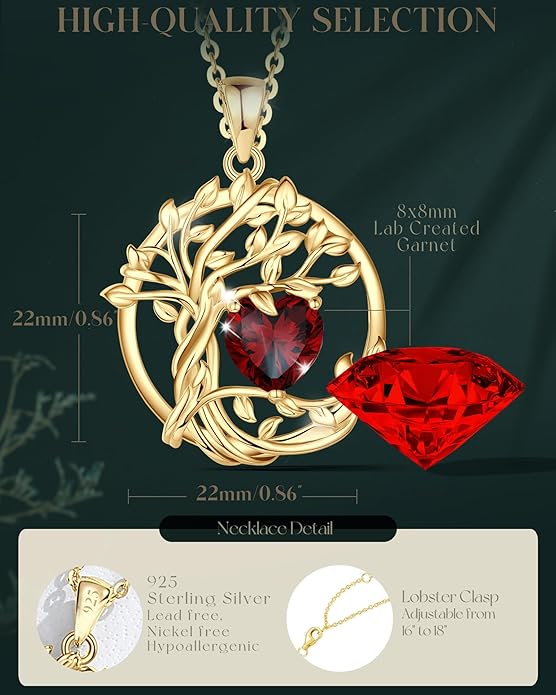 FANCIME Tree of life Birthstone necklace Sterling Silver Pendant Birthstone Necklace Gemstone Anniversary Birthday Jewelry Christmas Gifts for Mom Her Wife