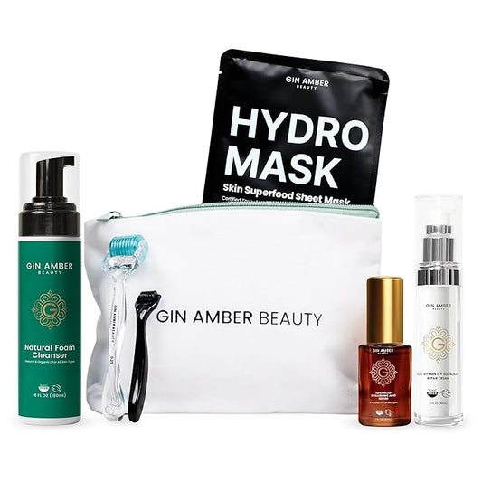 Gin Amber Beauty - 0.25mm Regular and Mini Size - Hydromask Facial Sheet - Foaming Cleanser - Vit C + Squalane - Hyaluronic Acid Serum