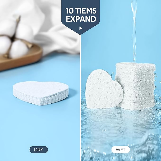 50-Count Heart Shape Compressed Facial Sponges for Daily Facial Cleansing and Exfoliating, 100％ Natural Cosmetic Spa Sponges for Makeup Remover, White