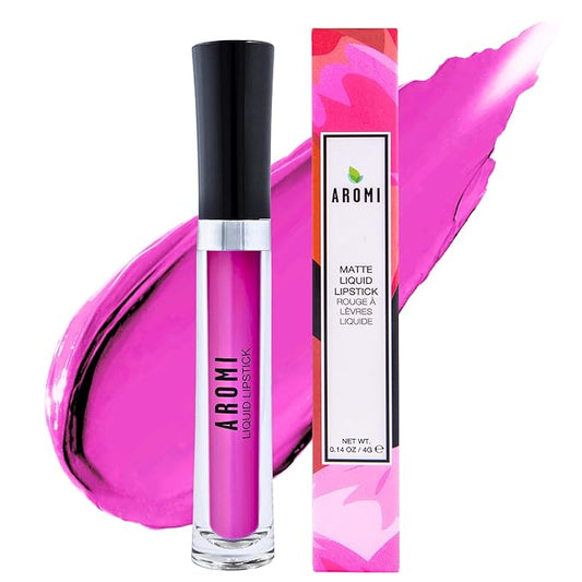 Aromi Bright Pink Matte Liquid Lipstick for Women | Long-Lasting, Magenta Lip Color, Vegan, Blue Undertones, Fuchsia (Pink Peonies)