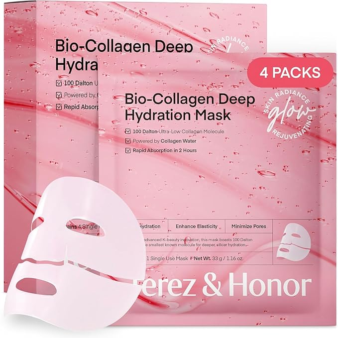 TEREZ & HONOR Korean Real Deep Bio Collagen Face Mask - 4 x 33g Hydrogel Overnight Masks for Deep Hydration, Glowing, Pore Minimizing, Elasticity, Fragrance-Free, 100 Da Ultra-Low Molecular Collagen