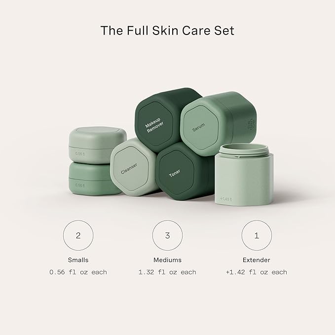 Cadence Travel Containers - Full Skincare Set - Magnetic Containers with Lids,Carry On Travel Essentials For Women/Men - 2 Small (0.56oz), 4 Medium Capsules (1.32oz), & Extender (1.43oz) - Evergreen
