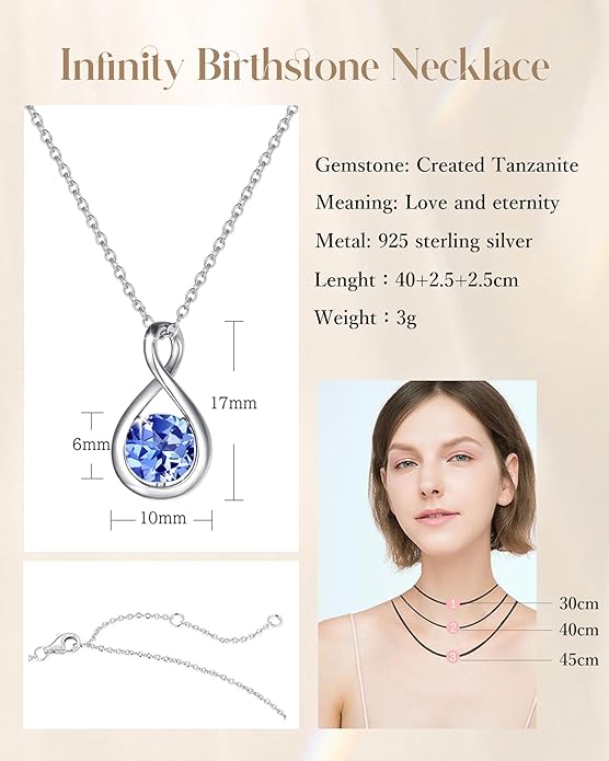 FANCIME Birthstone Necklaces for Women Fine Jewelry Sterling Silver Dainty Infinity Pendant Anniversary Birthday Christmas Gifts for Her Wife Mom Lady Daughter, Chain 16"+2" Extend