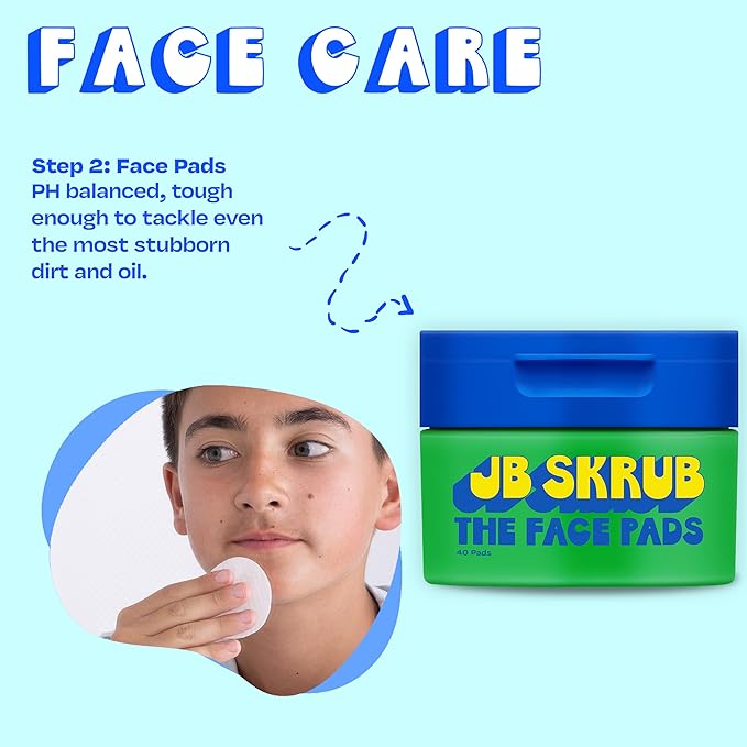 JB SKRUB The Face Duo Set – Gentle Foaming Face Wash (5 fl. oz) & Exfoliating Acne Pads (40 Count) for Kids, Tweens & Teens – Fragrance-Free Cleanser & Alcohol-Free Toner Pads for Clear, Smooth Skin