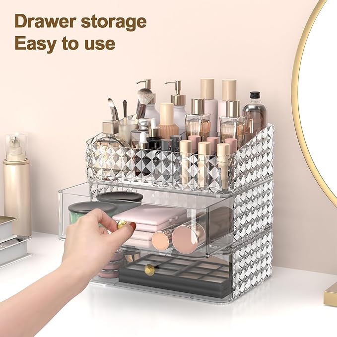 Makeup Organizer for Vanity, Stackable Cosmetics Organizer and Storage, Cosmetic Display Cases with 2 Drawers and 1 Tray for Makeup Brush, Hair Accessories, Lipstick and Jewelry, Clear