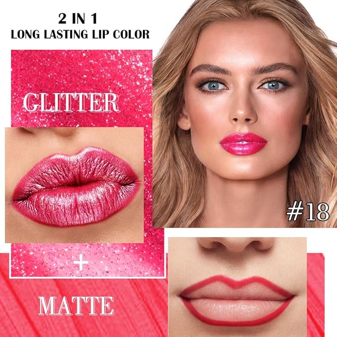 Kaely 2-in-1 Crushed Ruby Red Metallic Lipstick and Lip Liner, Shimmer Liquid Metallic Lipsticks for Women, Glitter Lip Gloss Stain Long Lasting Waterproof Smudge Proof 24 Hour, Vegan Makeup, 18