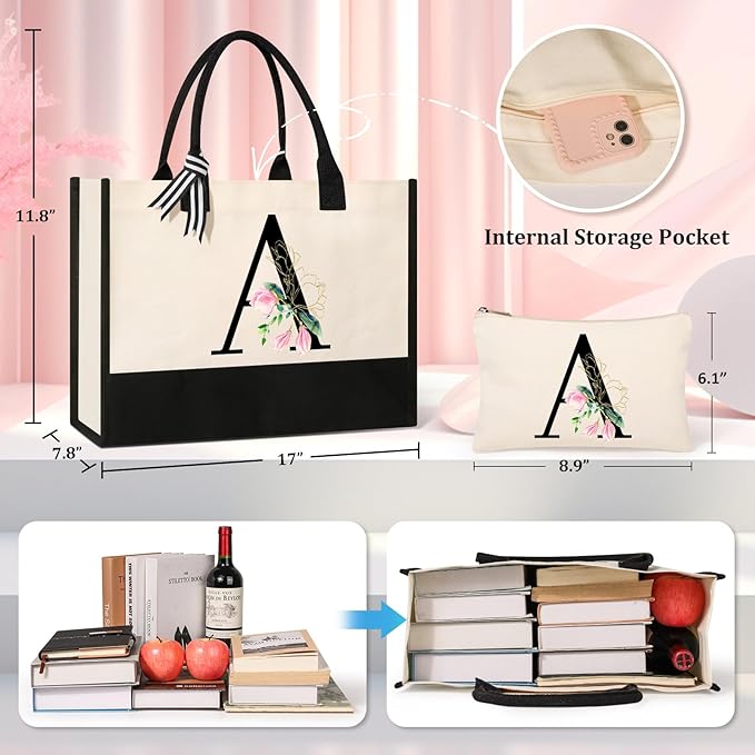 AYGE Personalized Initial Canvas Beach Tote, Monogrammed Gifts for Women, Makeup Bag, Birthday Gifts for Sister, Mom, Teacher, Bridesmaid (A)
