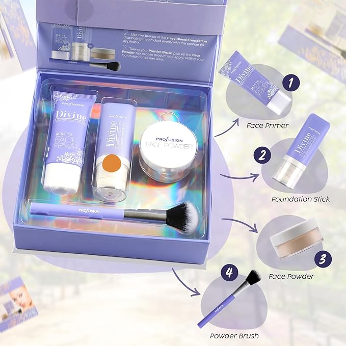 Profusion Cosmetics Divine Face Perfecting Foundation Kit, Including 1 Matte Face Primer, Foundation, Powder, Tapered Brush for Flawless Makeup