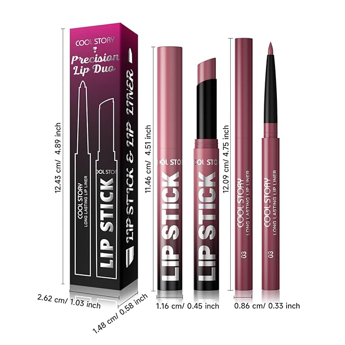 COOL STORY 2 Piece Lip Liner and Lipstick Set, Long Lasting Formula, Professional Makeup Kit (03)