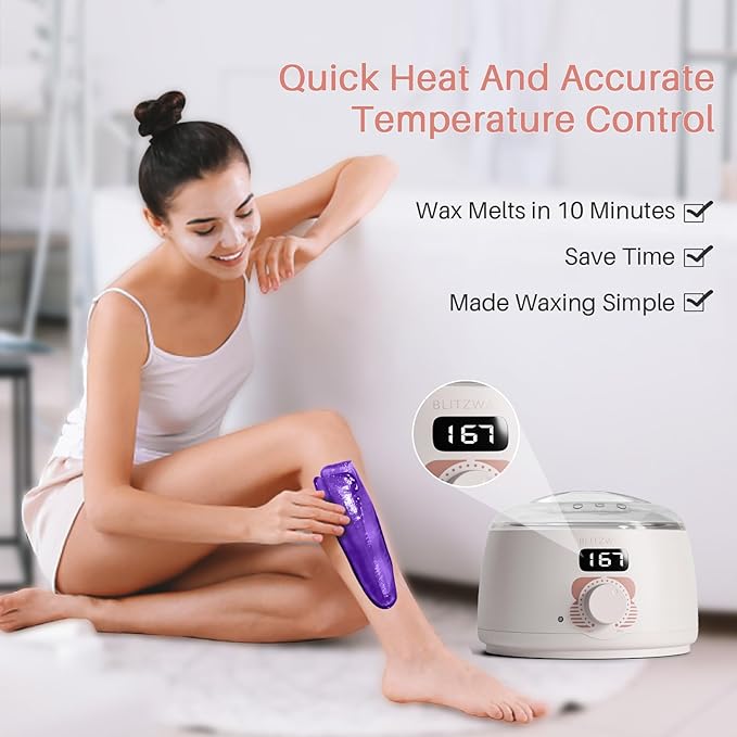 BLITZWAX Brazilian and Bikini Waxing Kit for Women, Hard Wax Warmer for Face, Legs, and Body, At Home Hair Removal Kit, Beginner Friendly, Quick Heating, 6 Packs Wax Beads