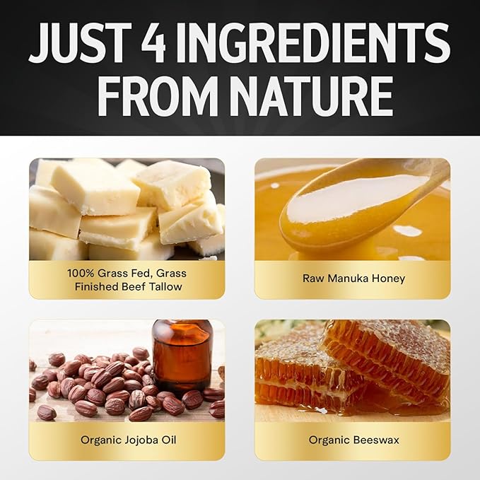 Whipped Beef Tallow and Honey Balm, 100% Grass Fed Beef Tallow Balm, Grass Finished Organic Beef Tallow for Skin, Face Wrinkles, Acne, No Fragrances, Made In USA Products Only, TikTok Trend Items