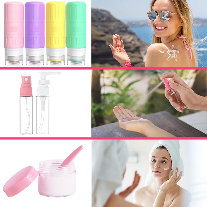 GLAMFIELDS Travel Bottles for Toiletries,TSA Approved 3.3oz Size LeakProof Silicone Toiletry Containers for Shampoo, Conditioner,Easy to Squeeze，Portable Travel Essentials for Lotion(18 Pack) Macaron