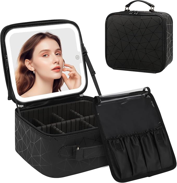 Chomeiu Makeup Bag with LED Mirror, Cute Cosmetic Bags Birthday Gifts for Girls Women, Makeup Train Case Artists Organizer Large Make Up Bags with Light Up Mirror 3 Color Lights, Black Geometric