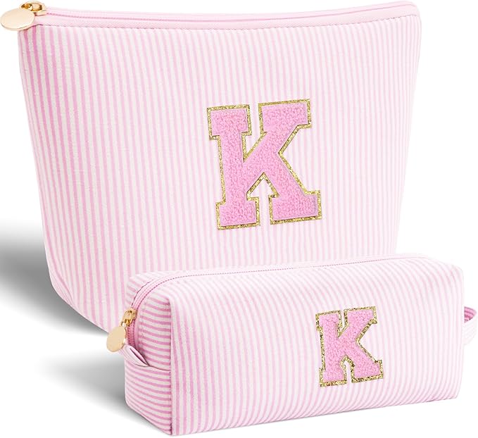 Monogrammed Gifts for Women - Cosmetic Bag for Teen,Initial Cute Makeup Bag Set for Women,Trendy Pouch for Niece Sister Friend Female Her,Birthday Gifts for Daughter - Pink,K