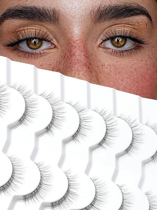 Natural Lashes Eyelashes Wispy 10MM Short Lashes Thin Band Strip Lashes 3D Volume Lashes False Eyelashes C Curl Soft Lash Pack 7 Pair Siligli